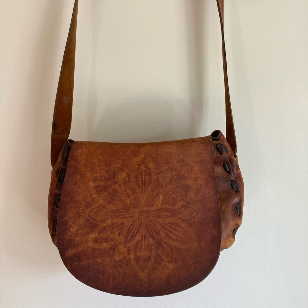 Vintage Handmade Leather Purse Crossbody Shoulder Boho Bohemian Hippie Flower